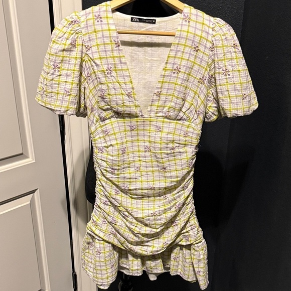Zara Dresses & Skirts - Zara Yellow and Purple Checkered V-Neck Dress